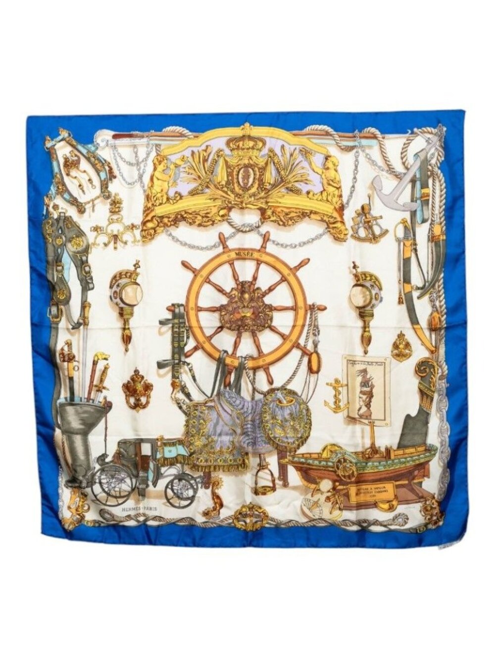 Hermes Carre 90 Museum Musee Scarf Blue Ivory Silk